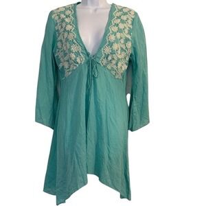 VELZERA Teal Embroidered Tunic Top Boho Beach Cover Up M L